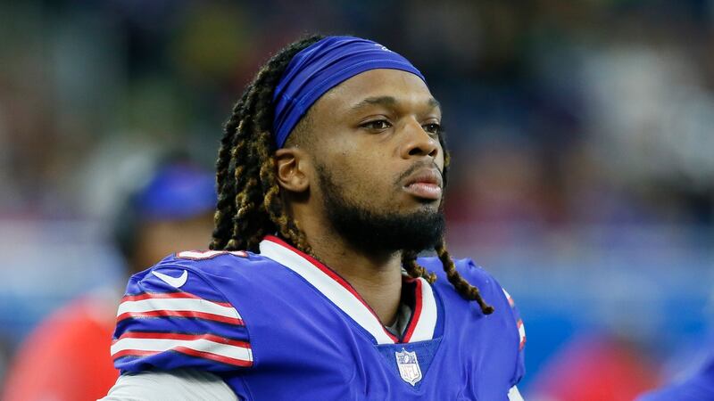 FILE - Buffalo Bills safety Damar Hamlin looks on during the second half of an NFL football...