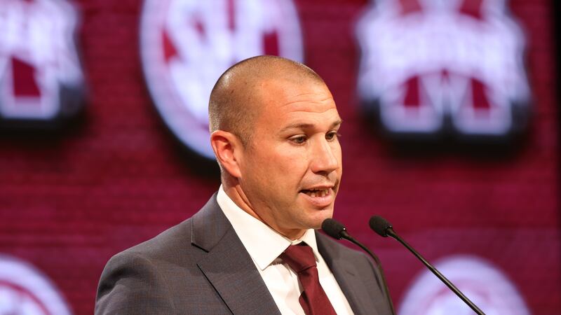 Mississippi State football head coach Zach Arnett speaks to the media at the 2023 SEC Football...
