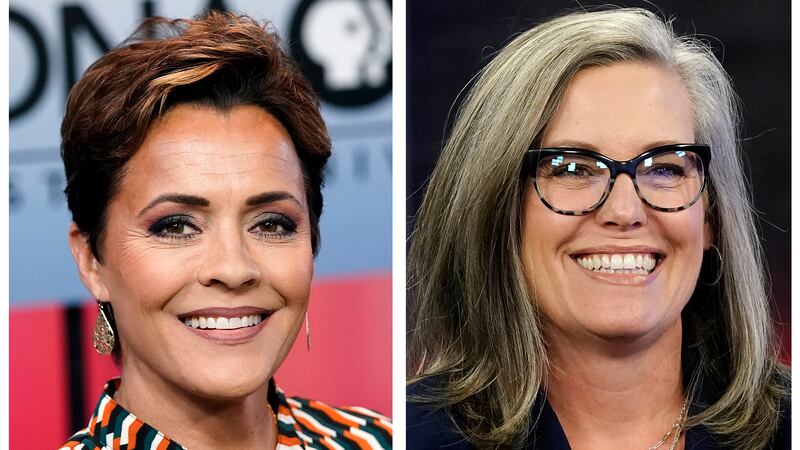 FILE - In this combination of photos, Republican Kari Lake, left, appears before a PBS...