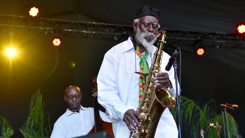 Saxophonist Pharoah Sanders performs on day 1 of the Arroyo Seco Music Festival on Saturday,...