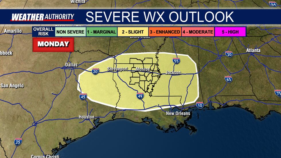 SPC Outlook for Monday, November 20th, 2023. A "Slight" risk is forecast for much of Louisiana.